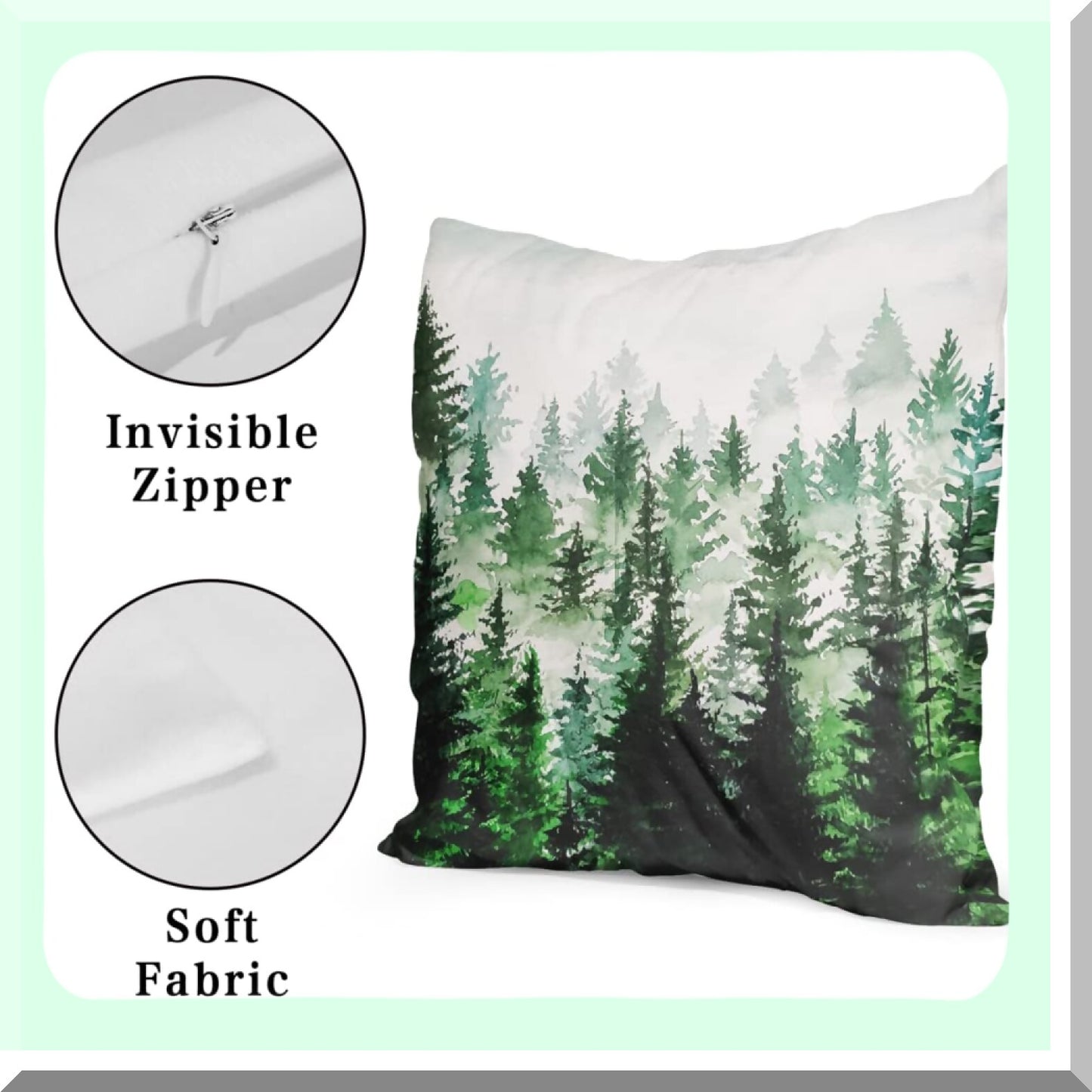 Mountain Forest Green Pillow Covers - Set of 2 | Birch Tree Decorative Throw Pillow Protectors 18x18 Inches | Cotton Cushion Covers with Hidden Zipper for Home Bedroom Décor