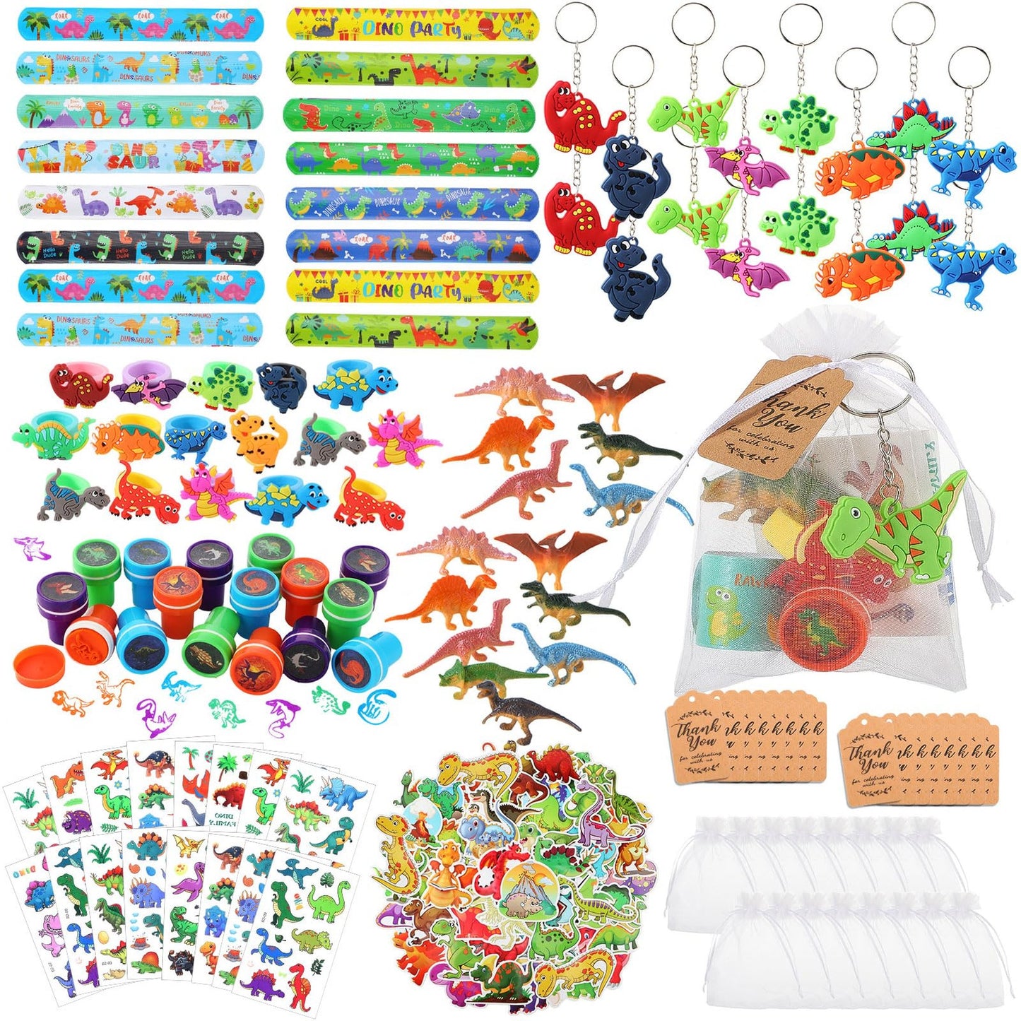 Dino-Mermaid Party Pack: 178 Pcs Birthday Supplies for 16 Kids - Keychain, Sticker, Slap Bracelet, Gift Bag Tags - Fun Dinosaur Party Favors