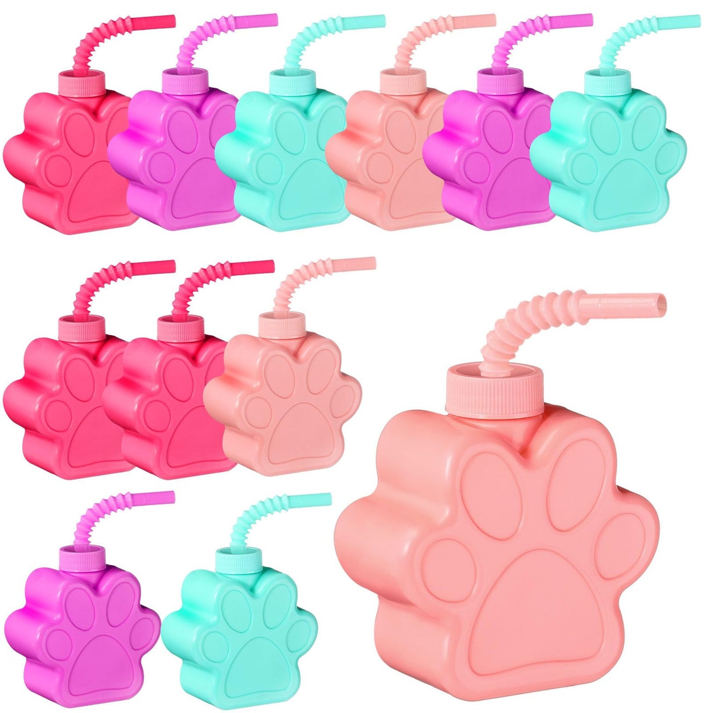 PawPrint Pup Cups - 10oz Dog Party Favors with Lids & Straws - Bulk Pack of 12 Cute Plastic Cups for Kids Pet Birthday Party Decorations
