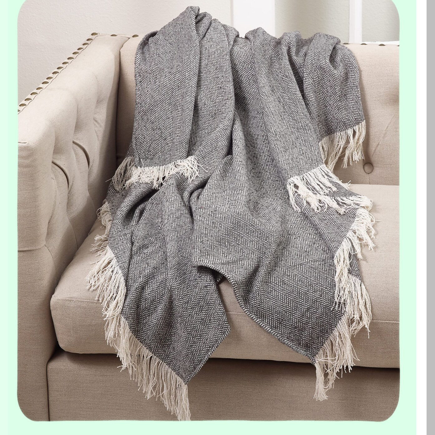 Herringbone Cozy Fringe Throw Blanket - Lightweight Grey 50"x60"
