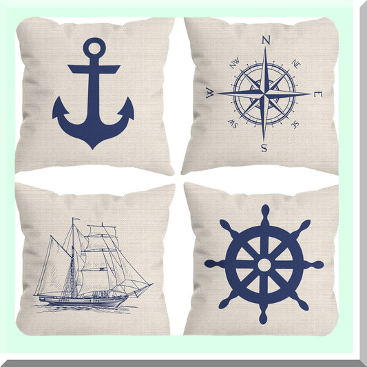 Nautical Anchor Navy Blue Throw Pillow Covers - Set of 4, Sailor Gifts, Ship Sofa Decor Cases 18x18 Inch Ocean Boat Home Decor