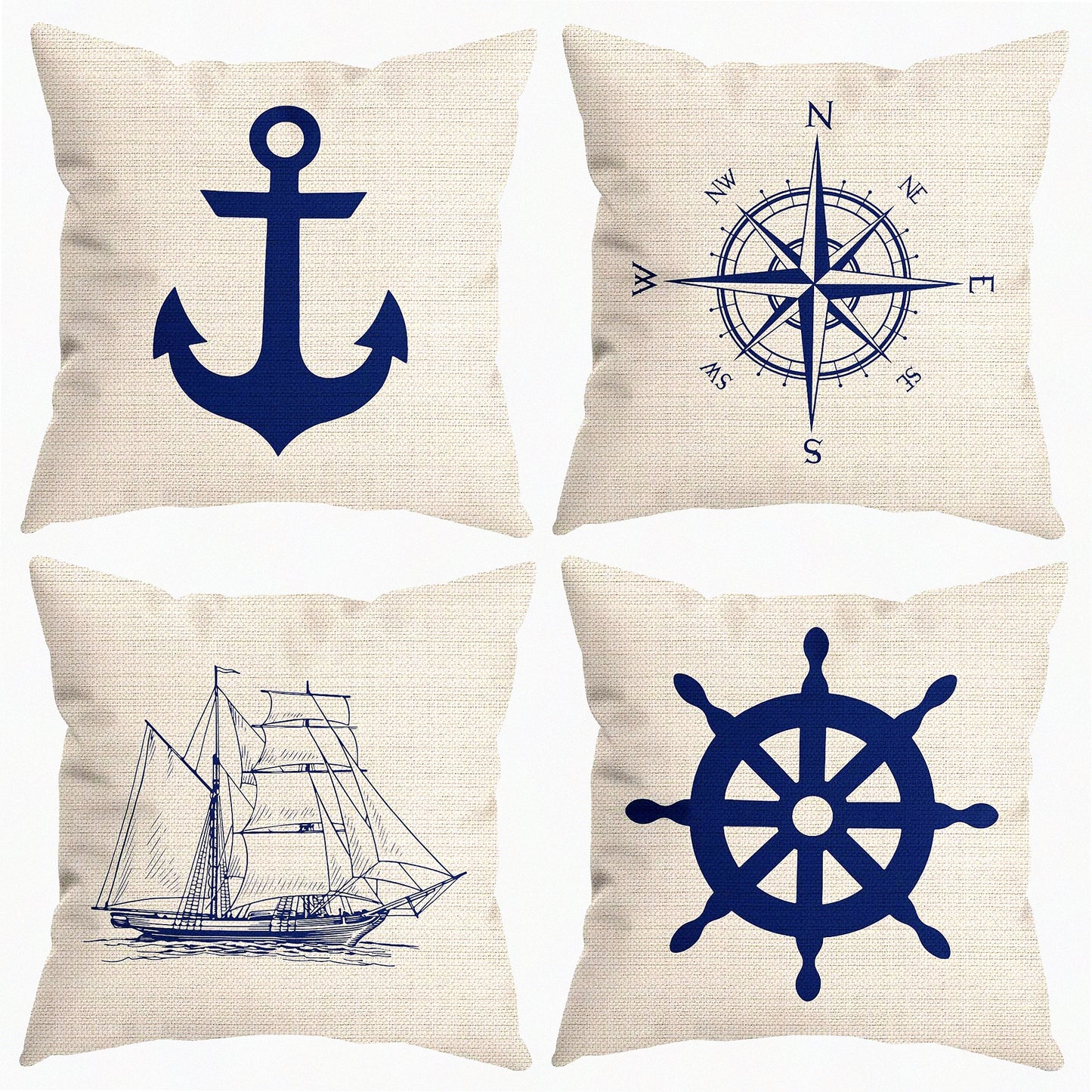 Nautical Anchor Navy Blue Throw Pillow Covers - Set of 4, Sailor Gifts, Ship Sofa Decor Cases 18x18 Inch Ocean Boat Home Decor