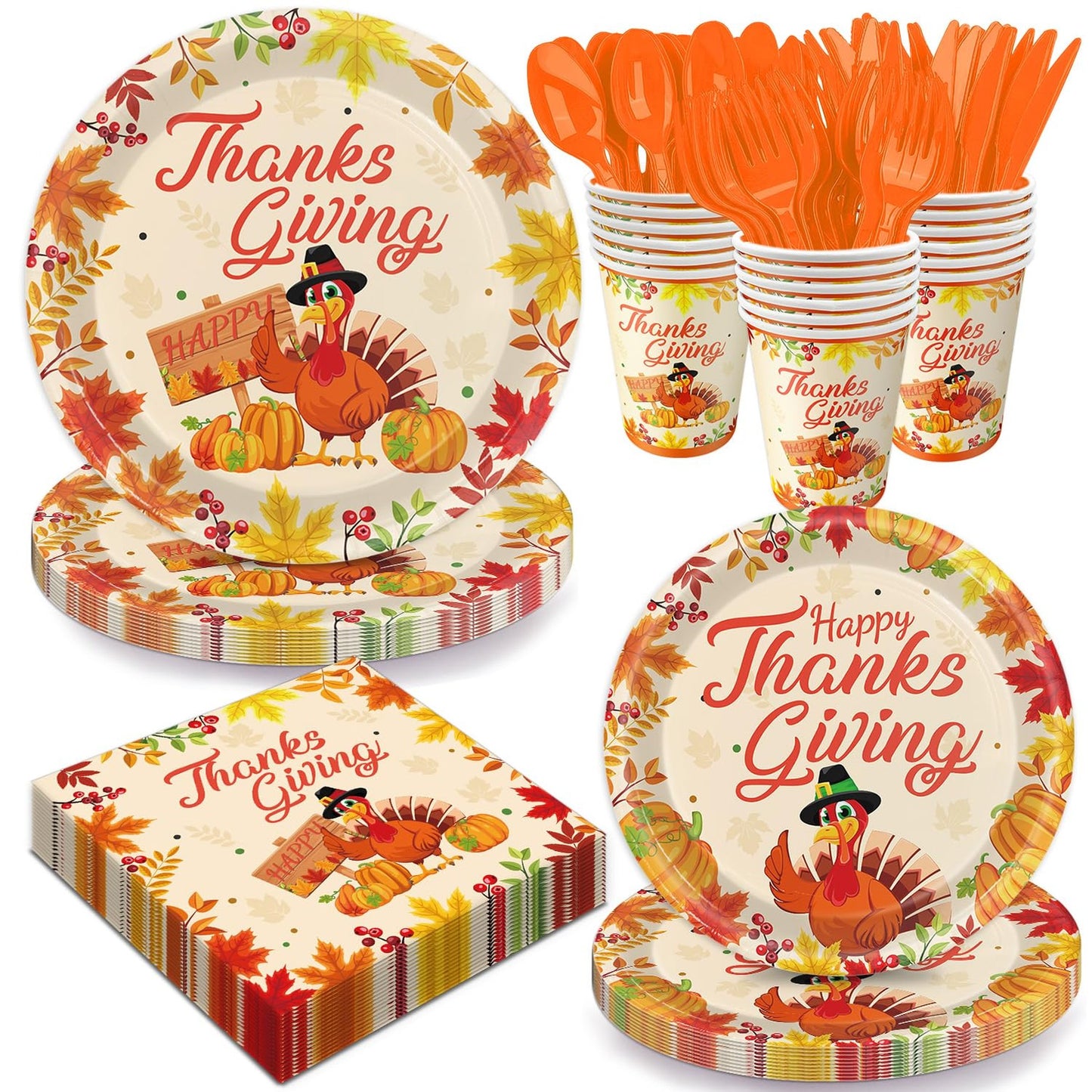 Harvest Feast Party Pack - Complete Thanksgiving Dinnerware Set for 24 Guests with Plates, Napkins, Cups, Cutlery - Autumn Pumpkin Turkey Decorations