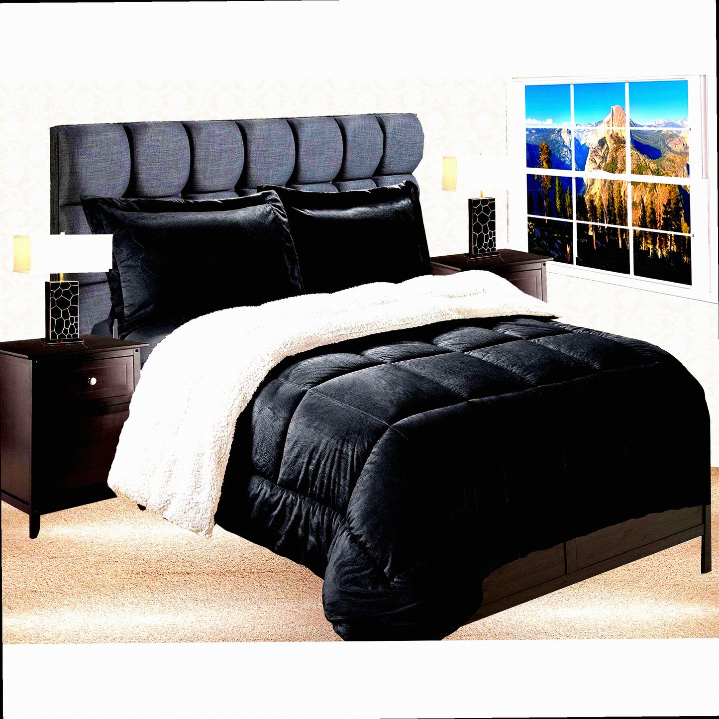 Luxury Plush Sherpa Comforter Set - Black Micro-Suede Reversible Down Alternative Bedding - Premium Heavy Weight Micromink 3-Piece Bed Set