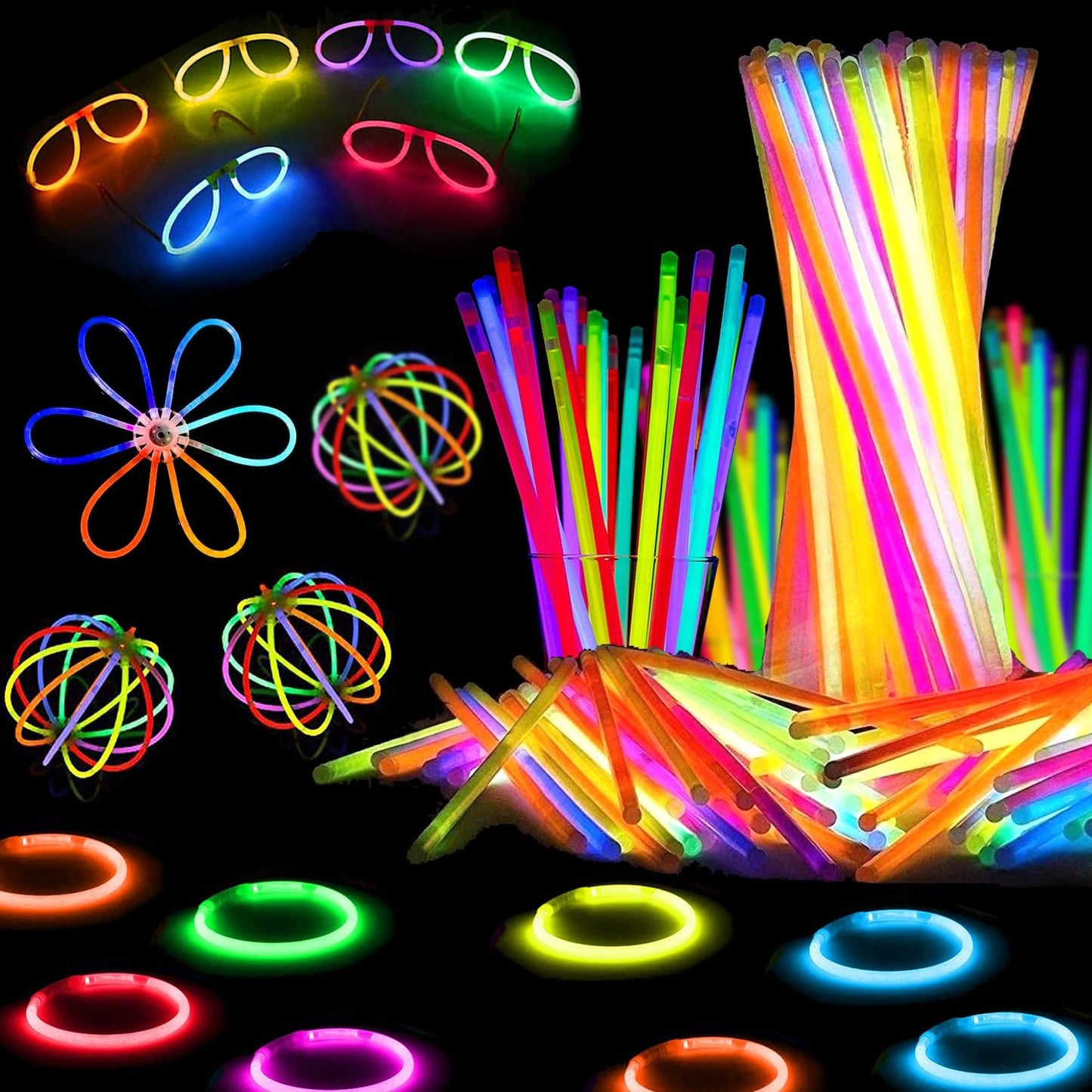 Neon Glow Party Pack - 204 Glow Sticks with Connectors for Decorations, Camping, Wedding - 8 Inch Glow in the Dark Supplies