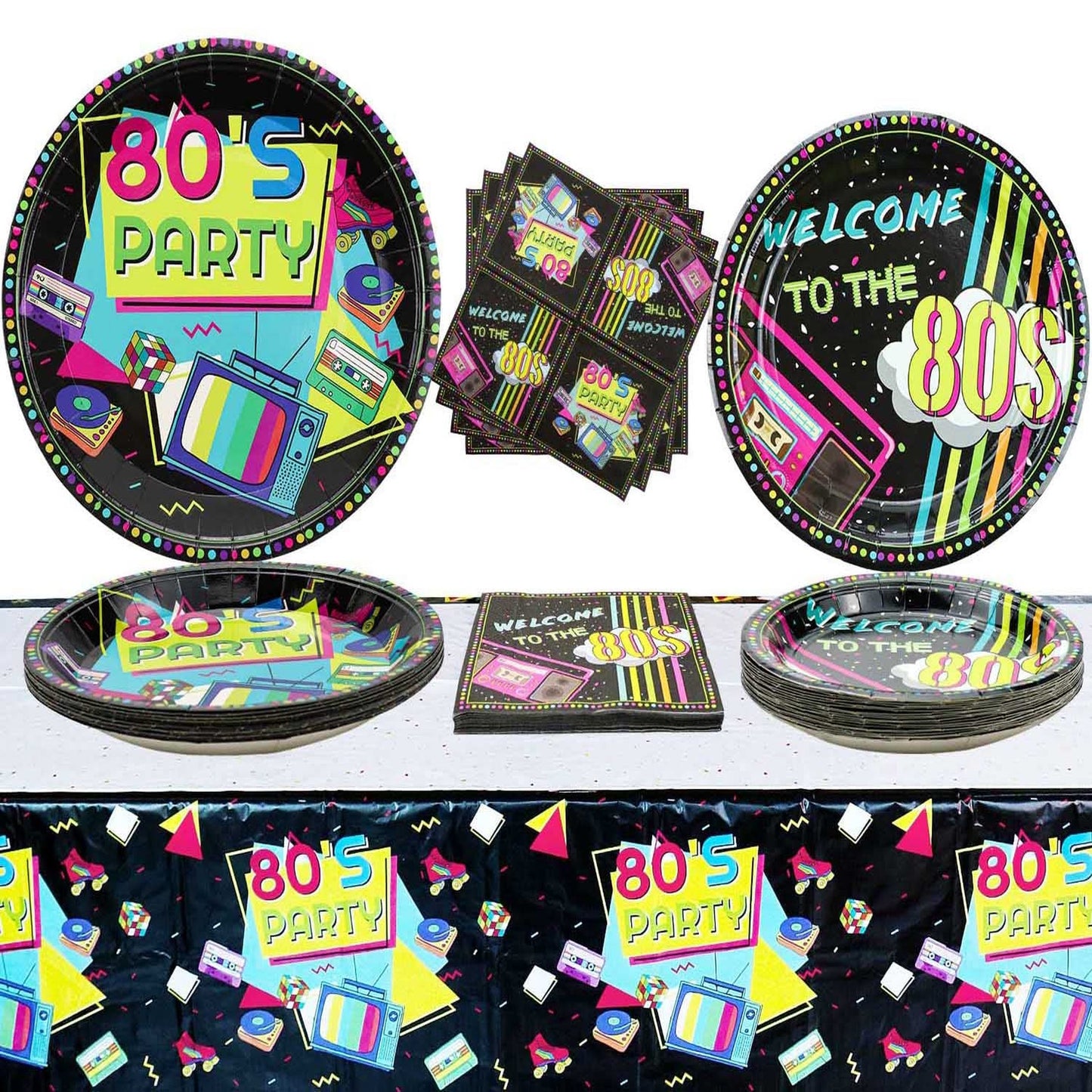 Retro Blast Party Pack - 80s Plates, Napkins, Tablecloth Set for 20 Guests. Perfect for Back to the 80s Theme Birthday Party Decorations!