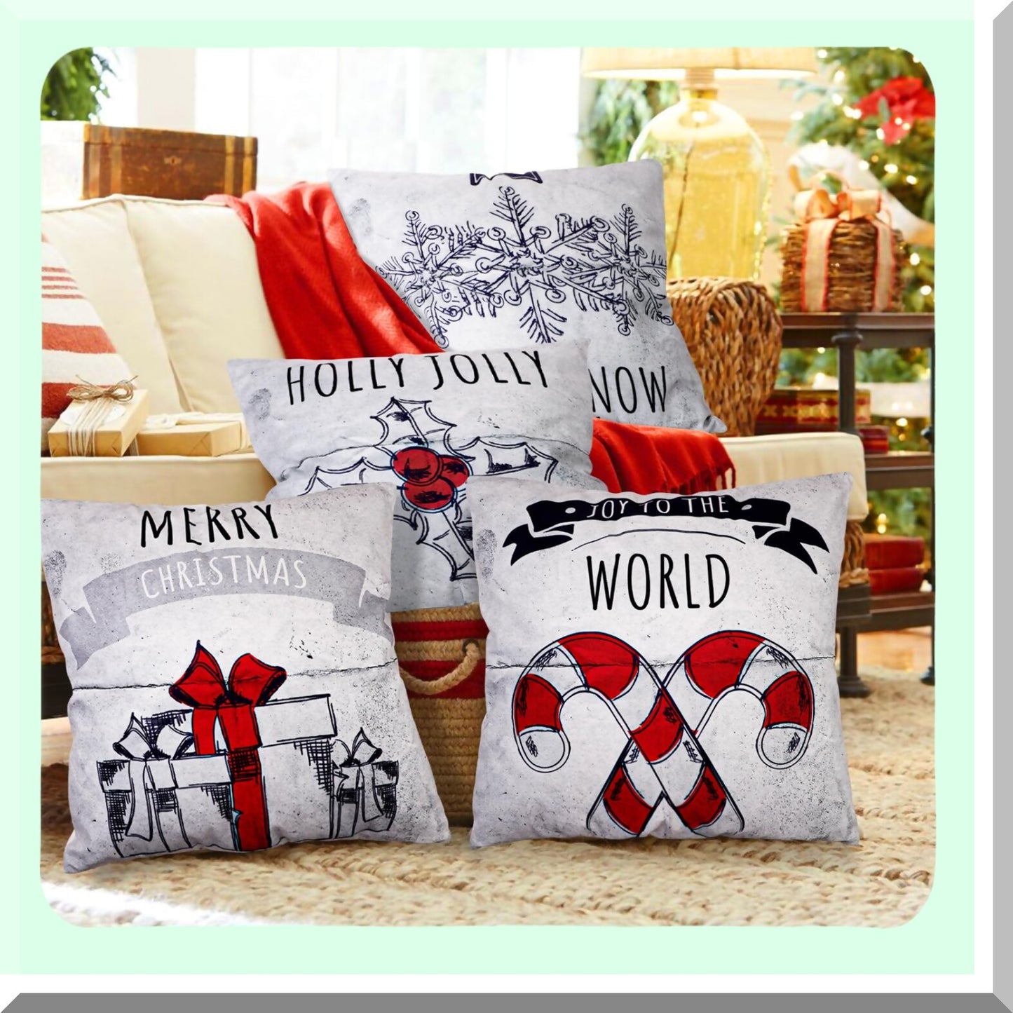 Christmas White Decor Pillow Covers Set - 18x18 Throw Cases for Xmas Indoor Home Sofa Couch Cushion Decorative - Pack of 4