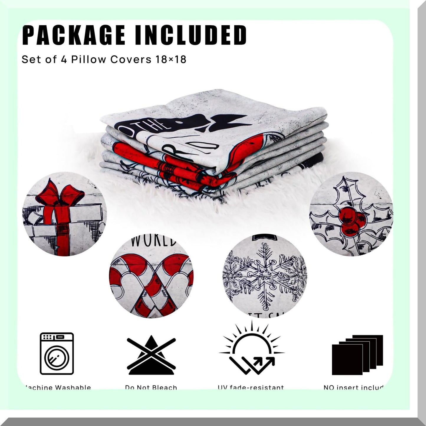 Christmas White Decor Pillow Covers Set - 18x18 Throw Cases for Xmas Indoor Home Sofa Couch Cushion Decorative - Pack of 4