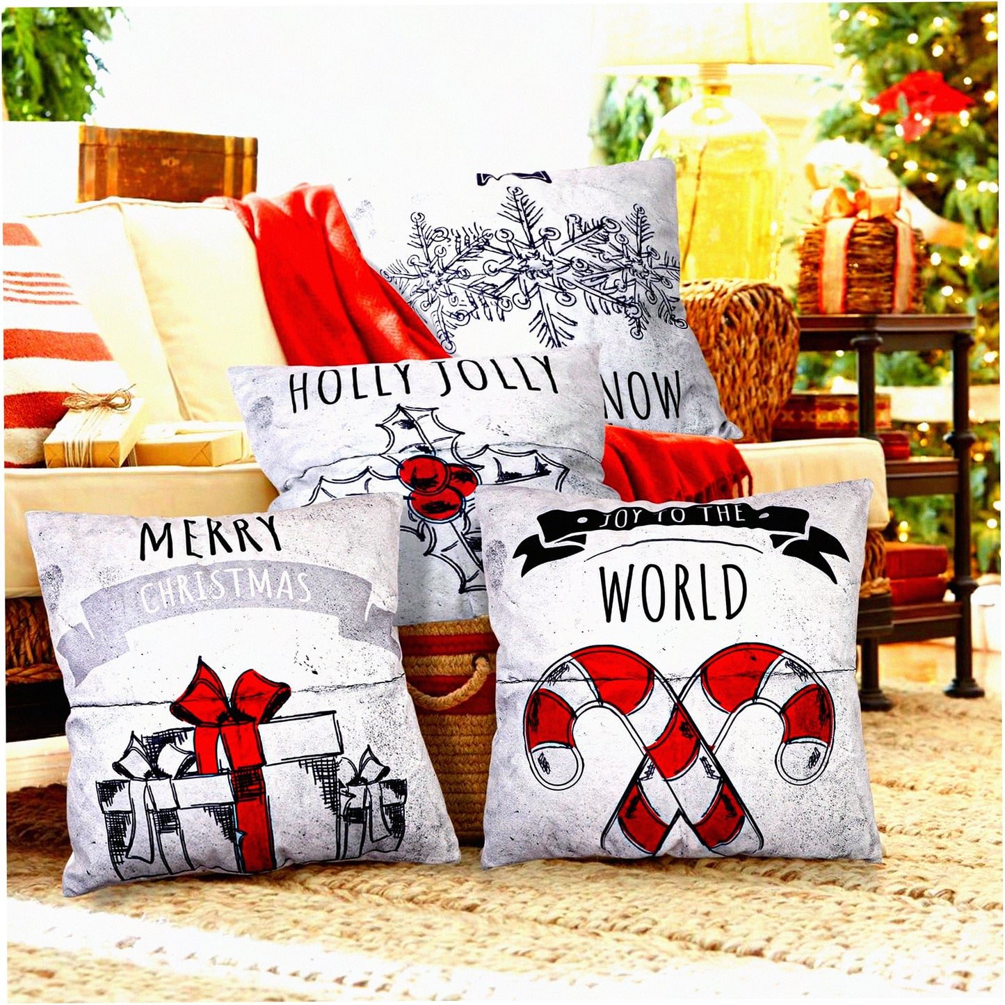 Christmas White Decor Pillow Covers Set - 18x18 Throw Cases for Xmas Indoor Home Sofa Couch Cushion Decorative - Pack of 4
