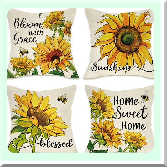 Sunshine Blessings Decorative Pillow Cover Set - Spring Summer Farmhouse Outdoor Cushion Case - Sunflower Flower Home Sweet Home Patio Throw Pillowcase - Fall Autumn Couch Decor 18x18 Pack of 4