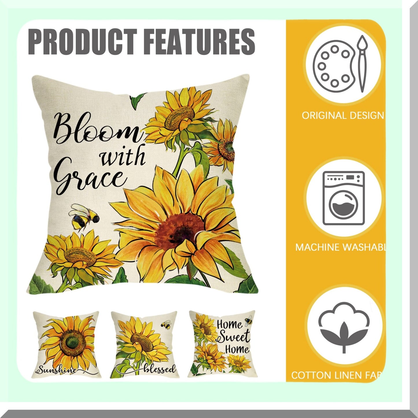 Sunshine Blessings Decorative Pillow Cover Set - Spring Summer Farmhouse Outdoor Cushion Case - Sunflower Flower Home Sweet Home Patio Throw Pillowcase - Fall Autumn Couch Decor 18x18 Pack of 4