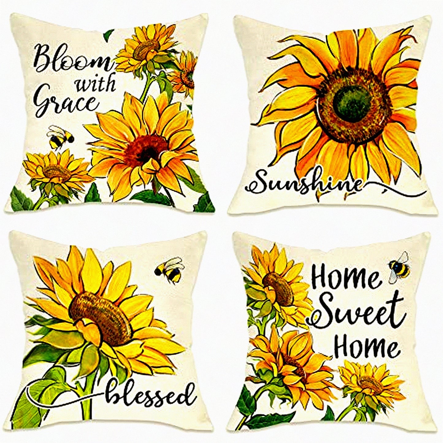 Sunshine Blessings Decorative Pillow Cover Set - Spring Summer Farmhouse Outdoor Cushion Case - Sunflower Flower Home Sweet Home Patio Throw Pillowcase - Fall Autumn Couch Decor 18x18 Pack of 4