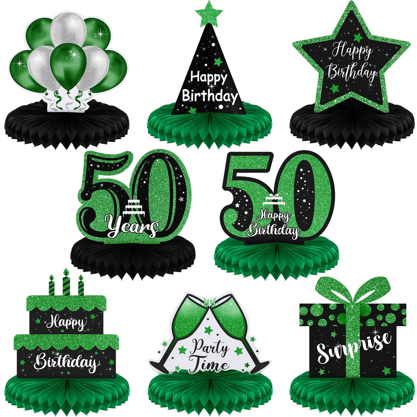 Glittery Green 50th Birthday Table Toppers - Set of 8 Happy Birthday Honeycomb Centerpieces for Men & Women - Fifty Years Old Party Decorations