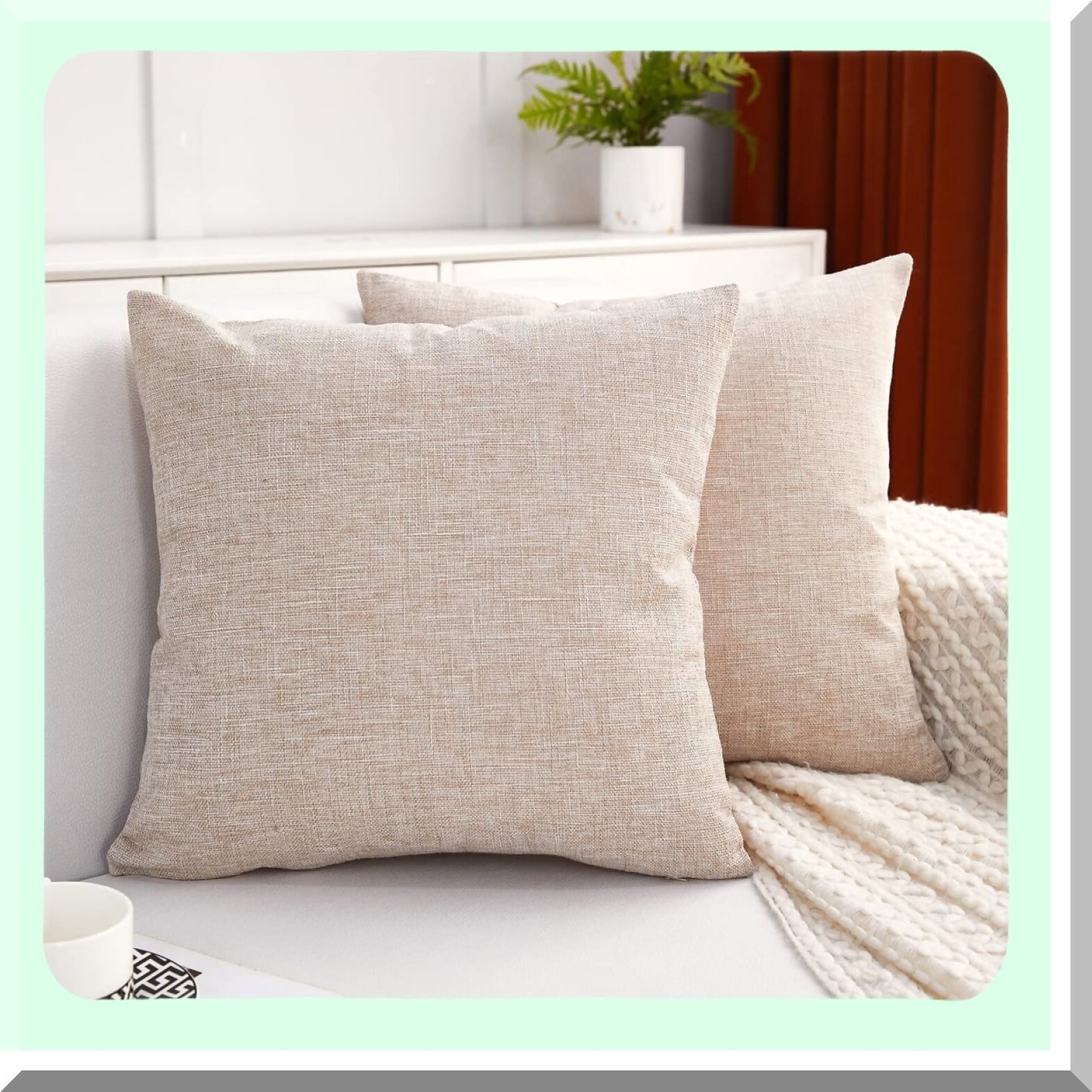 Natural Linen Square Pillow Covers - Set of 2 Decorative Cushion Cases for Sofa, Couch, Bed & Car - Solid 18x18 Inches
