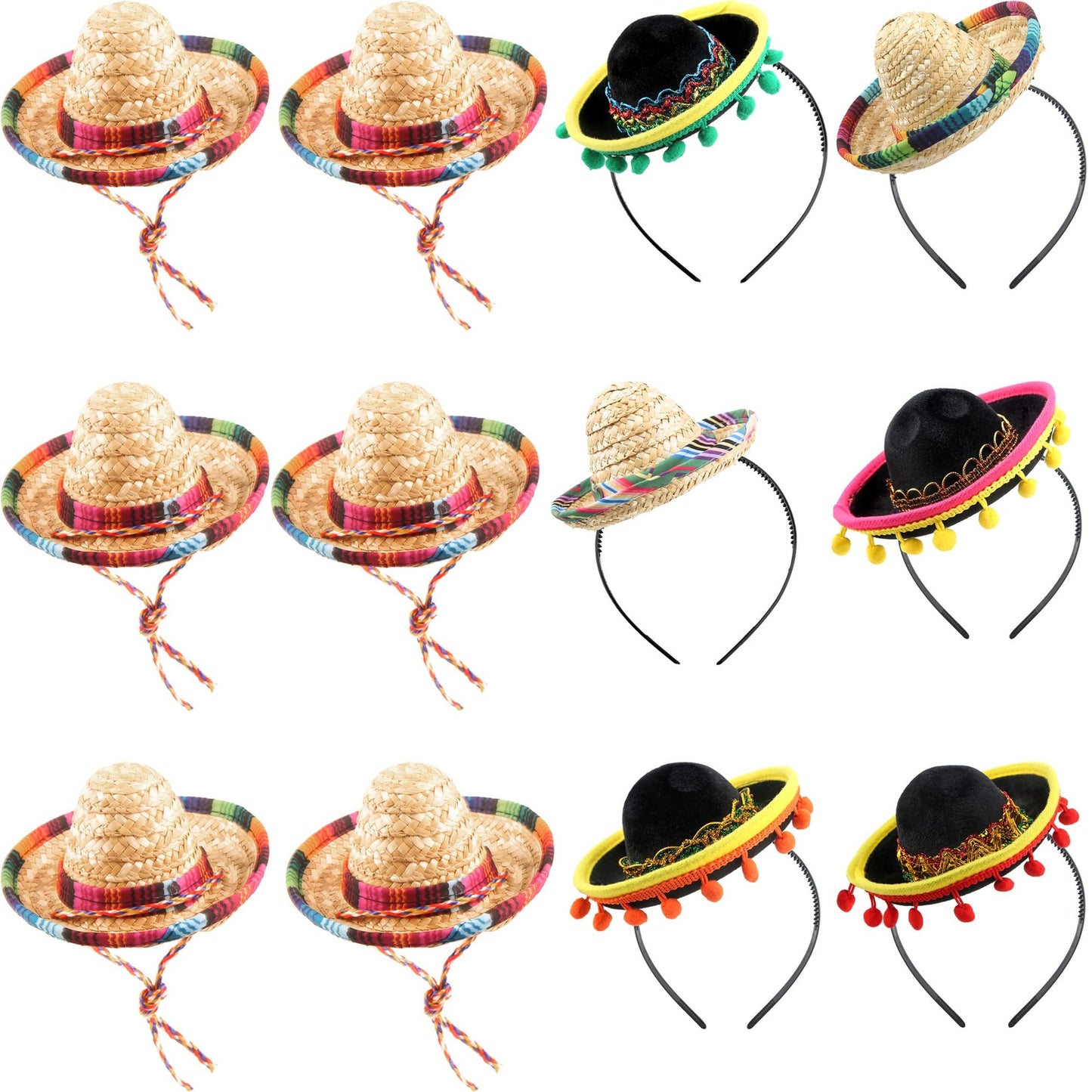 Fiesta Fun Mini Sombrero Headbands - Set of 12 Cinco De Mayo Party Hats for Kids, Adults, Dogs, Pets - Colorful Mexican Celebration Accessory