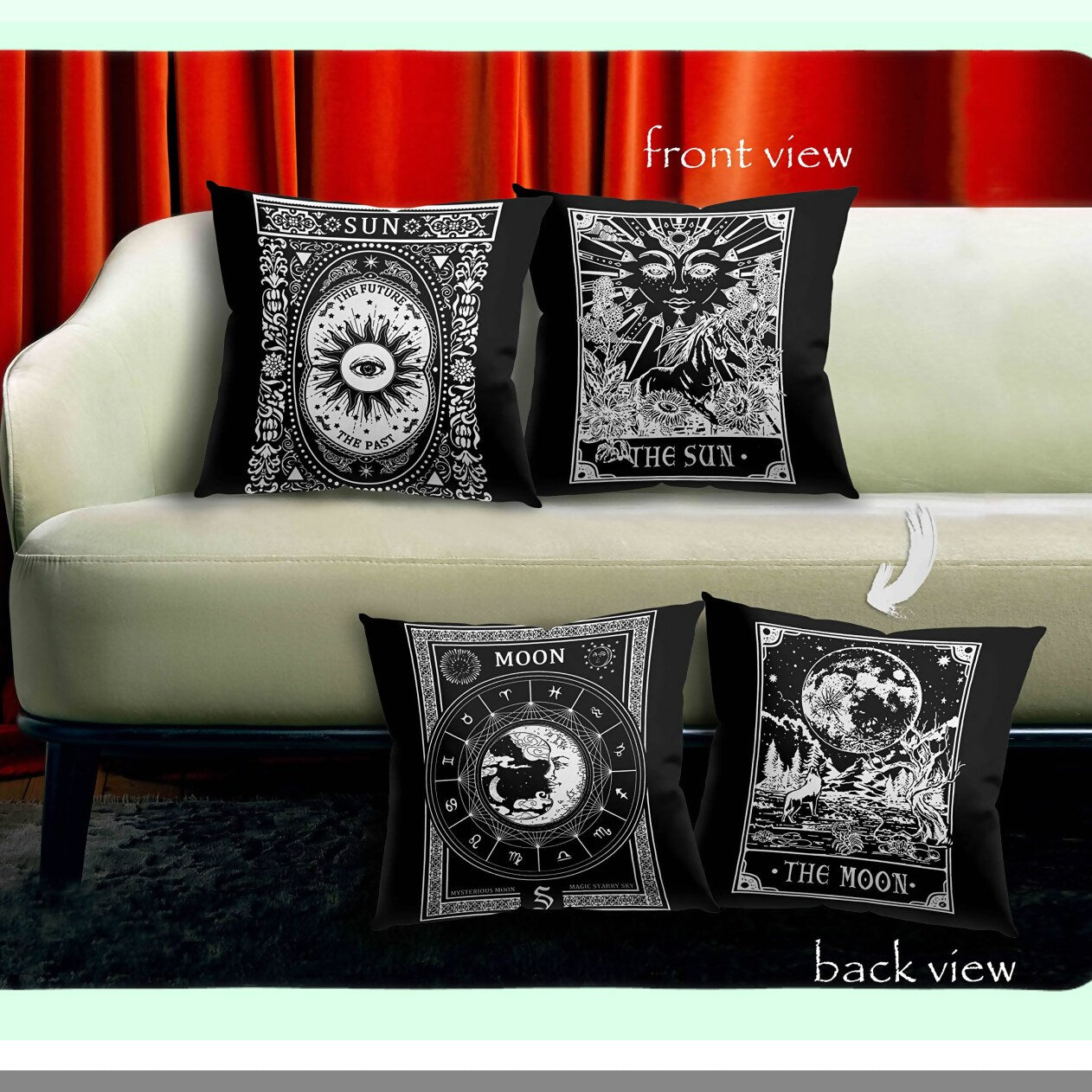 Mystic Tarot Reversible Pillow Cases - Set of 2 Gothic Throw Pillow Covers 18x18 for Home Decor & Oddities Gifts - Tarot Card Design