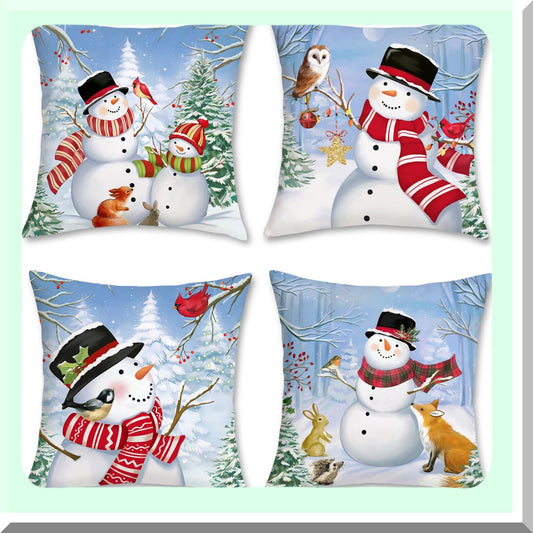 Snowy Pine Tree Winter Holiday Throw Pillow Covers - Set of 4 - 18x18 Inch Decorative Pillows for Couch Sofa Bed Home Decor
