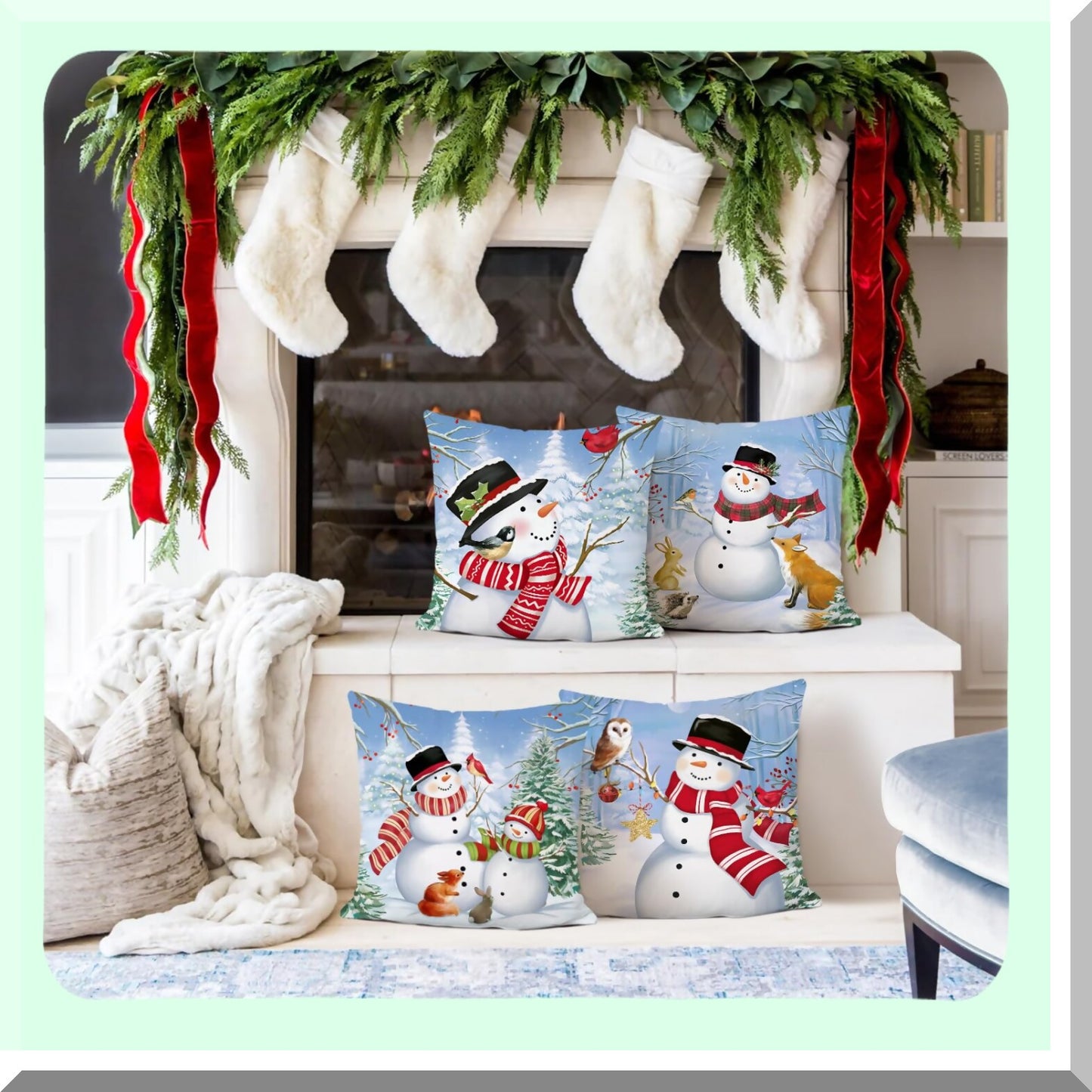 Snowy Pine Tree Winter Holiday Throw Pillow Covers - Set of 4 - 18x18 Inch Decorative Pillows for Couch Sofa Bed Home Decor