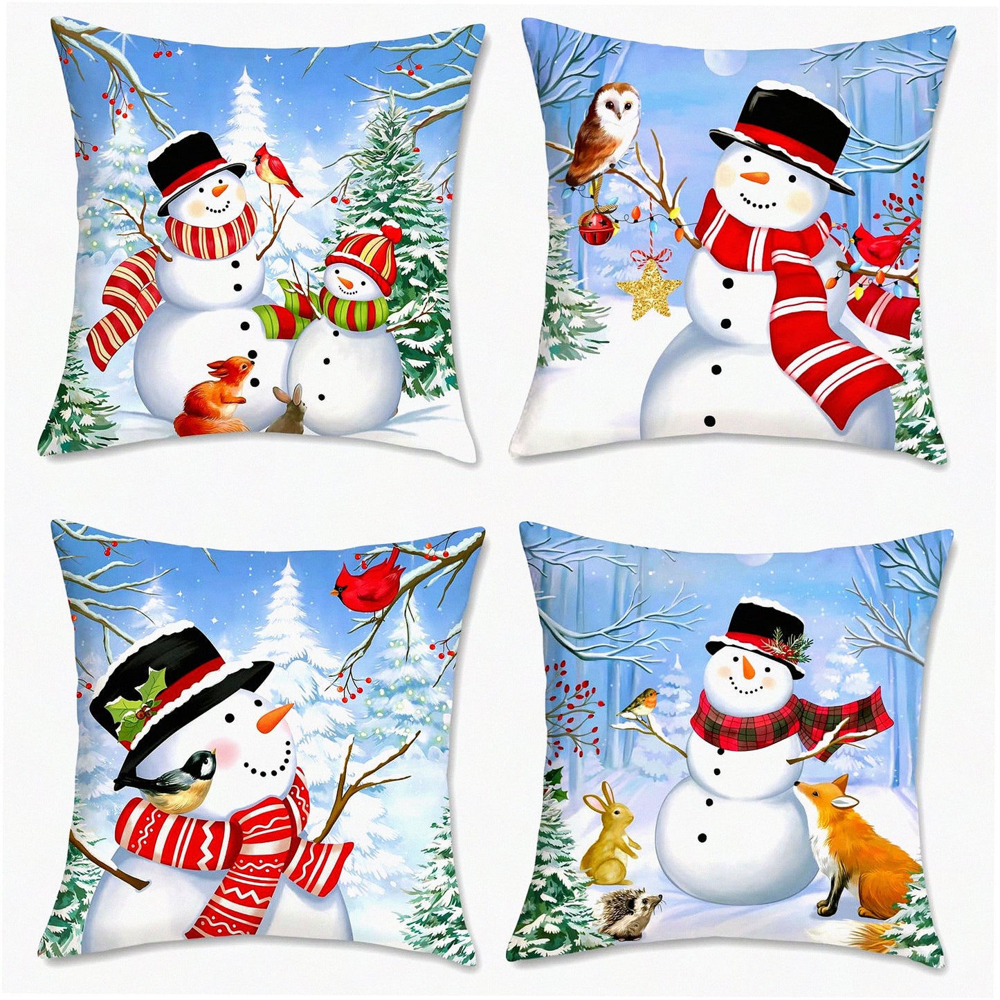 Snowy Pine Tree Winter Holiday Throw Pillow Covers - Set of 4 - 18x18 Inch Decorative Pillows for Couch Sofa Bed Home Decor