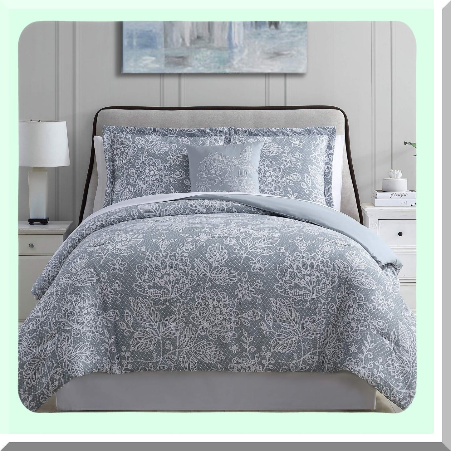 Silver Blue Dream 8-Piece Reversible Bed Set - Queen Size - Printed Comforter, Sheets, Pillowcases, and Shams - All-in-One Bedding Ensemble
