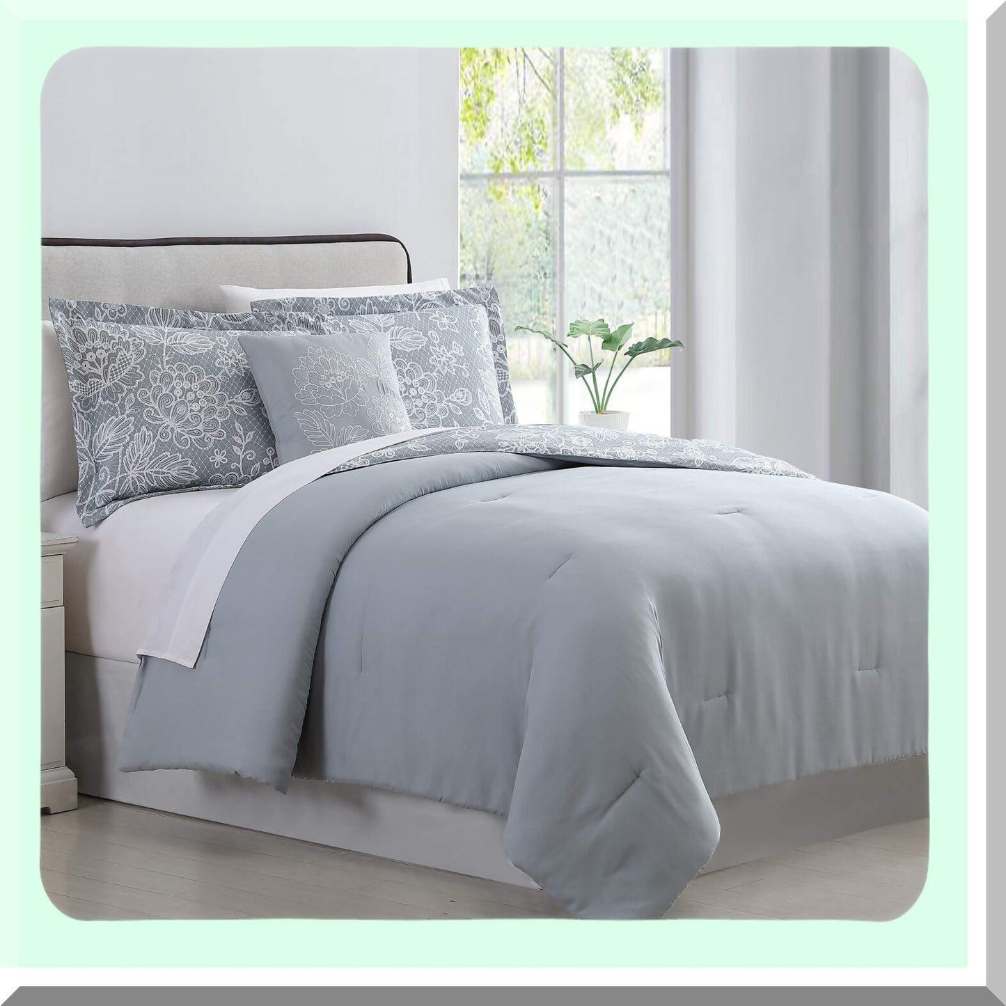 Silver Blue Dream 8-Piece Reversible Bed Set - Queen Size - Printed Comforter, Sheets, Pillowcases, and Shams - All-in-One Bedding Ensemble