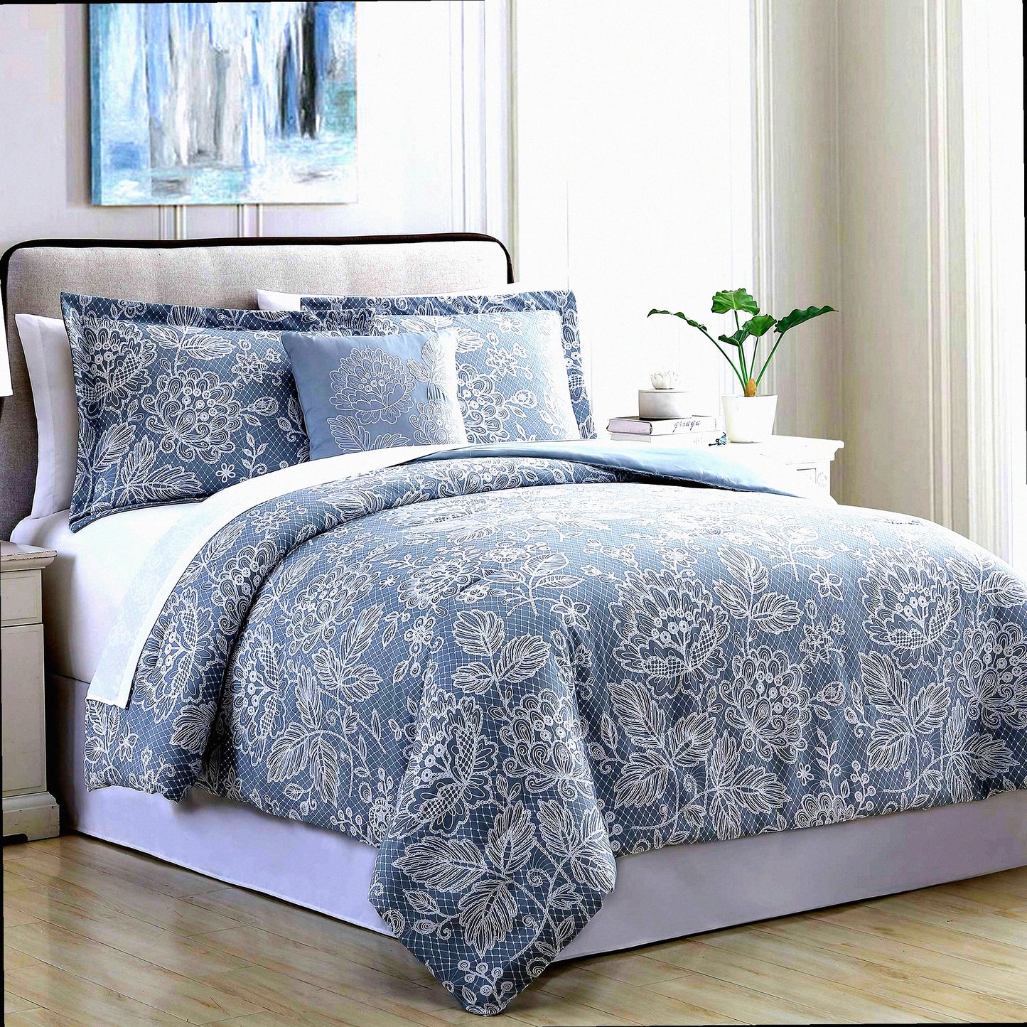 Silver Blue Dream 8-Piece Reversible Bed Set - Queen Size - Printed Comforter, Sheets, Pillowcases, and Shams - All-in-One Bedding Ensemble