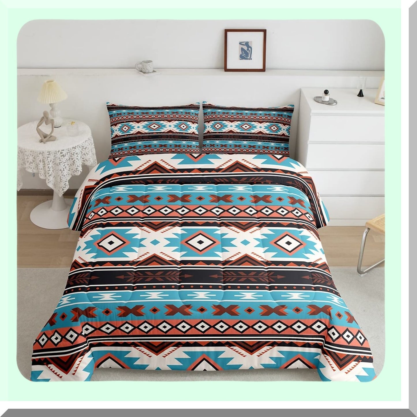 Southwest Dream Twin Comforter Set - Brown Blue Abstract Geometric Tribal Bedding with Ethnic Grid Lattice Quilt - Bedroom Decor Essentials