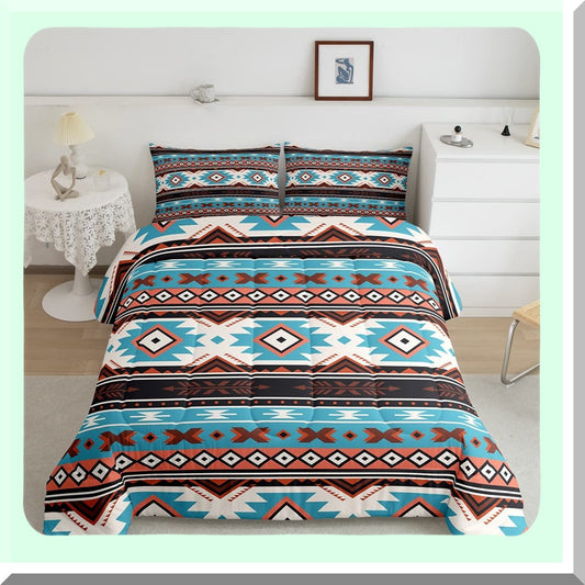 Southwest Dream Twin Comforter Set - Brown Blue Abstract Geometric Tribal Bedding with Ethnic Grid Lattice Quilt - Bedroom Decor Essentials