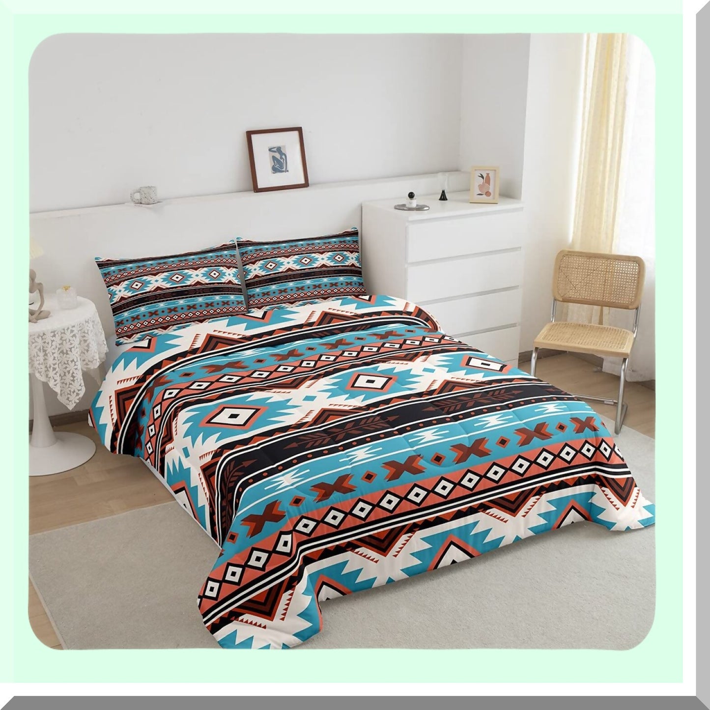 Southwest Dream Twin Comforter Set - Brown Blue Abstract Geometric Tribal Bedding with Ethnic Grid Lattice Quilt - Bedroom Decor Essentials