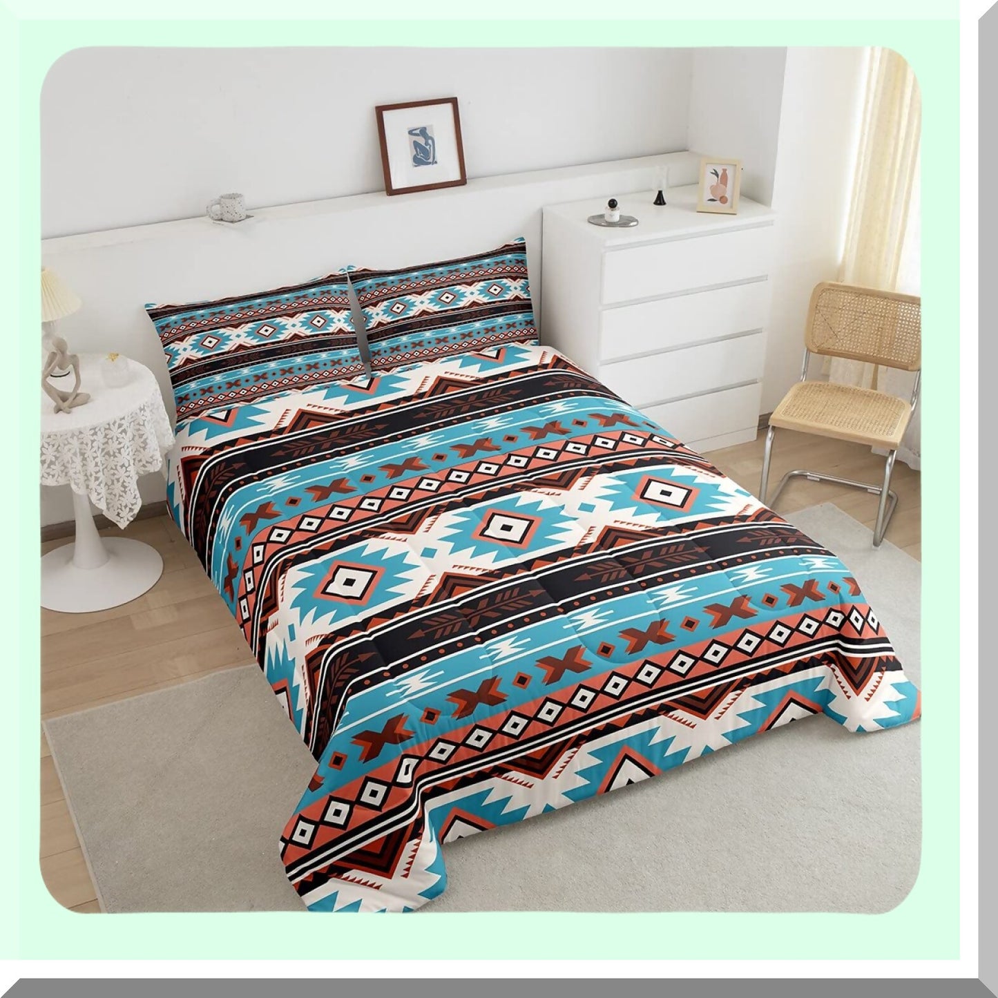 Southwest Dream Twin Comforter Set - Brown Blue Abstract Geometric Tribal Bedding with Ethnic Grid Lattice Quilt - Bedroom Decor Essentials