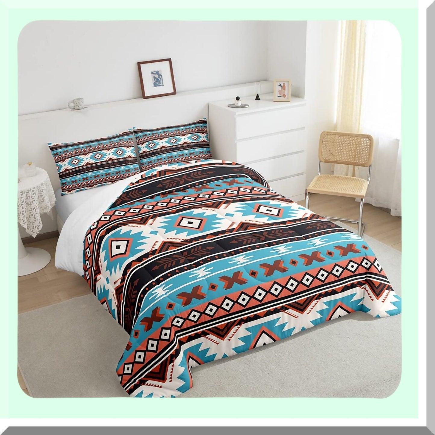 Southwest Dream Twin Comforter Set - Brown Blue Abstract Geometric Tribal Bedding with Ethnic Grid Lattice Quilt - Bedroom Decor Essentials