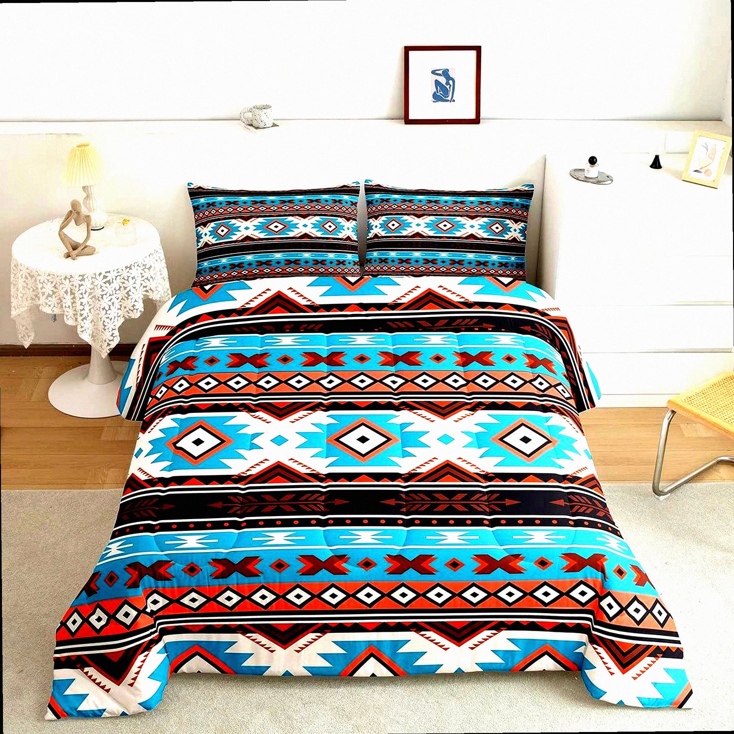 Southwest Dream Twin Comforter Set - Brown Blue Abstract Geometric Tribal Bedding with Ethnic Grid Lattice Quilt - Bedroom Decor Essentials