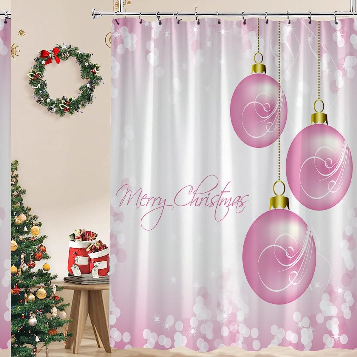Pink Snowflake Holiday Shower Curtain with Hooks