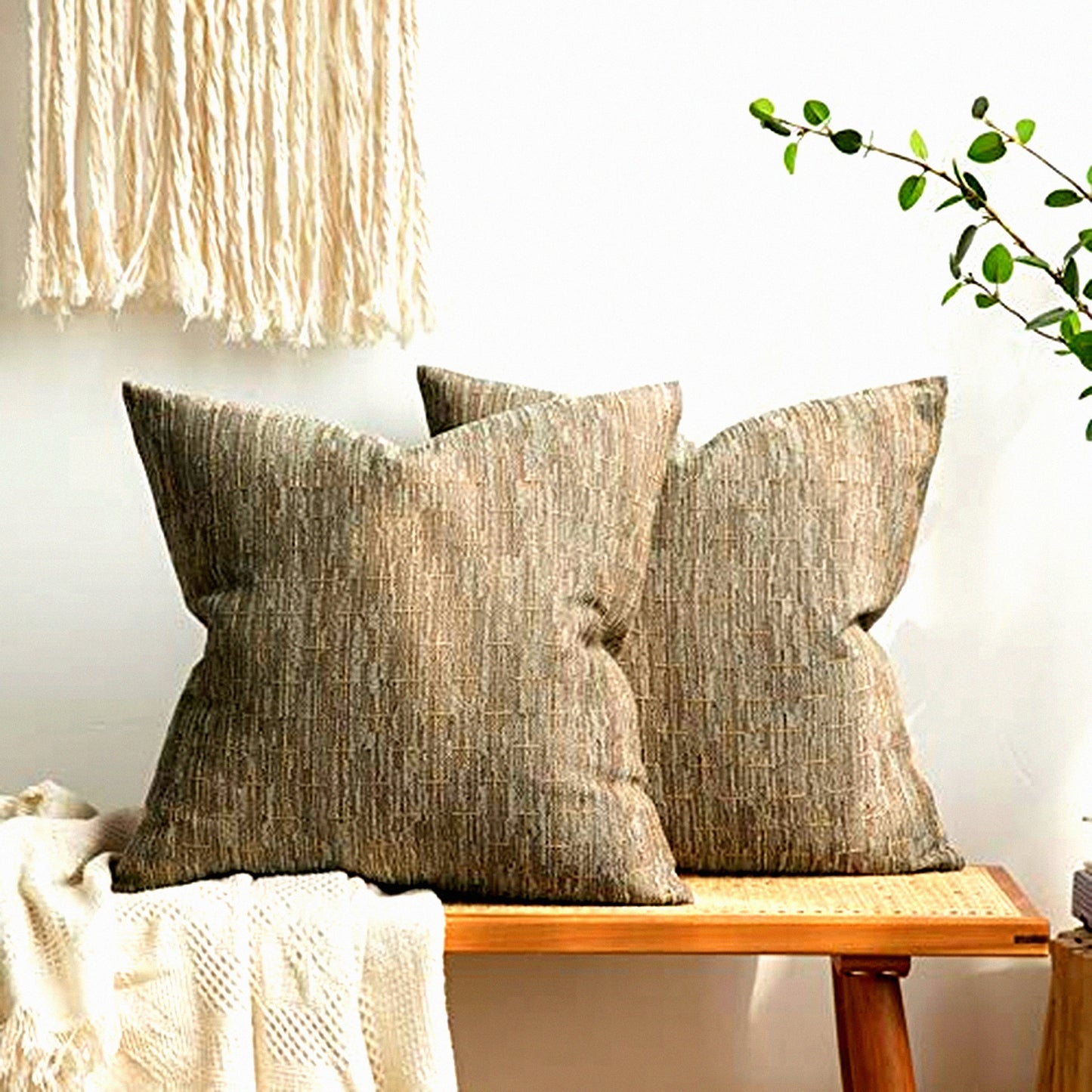 Rustic Farmhouse Burlap Linen Pillow Covers - Set of 2 Modern Woven Textured Cushion Cases for Sofa Couch Bed - 20x20 Inch Brown Decorative Throw Pillows
