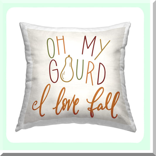 Autumn Harvest Calligraphy Throw Pillow - Fall Decorative Cushion Cover - 18x18 Beige - Fearfully Made Creations - Gourd Design