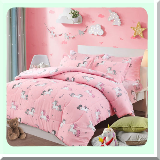 Unicorn Dream Bedding Set - Twin Size 6 Piece Comforter Set with Rainbow Star Design, Soft Microfiber Sheets and Pillow Shams - Pink and Reversible