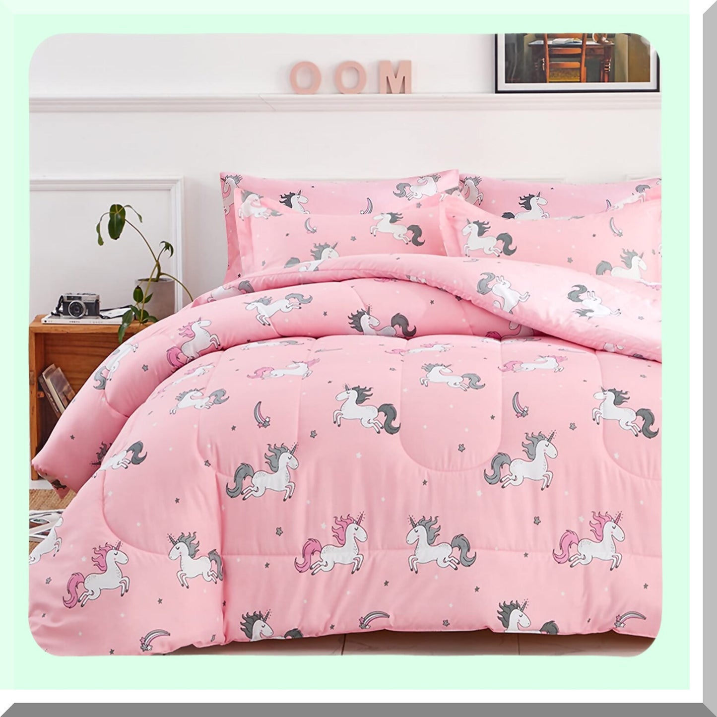 Unicorn Dream Bedding Set - Twin Size 6 Piece Comforter Set with Rainbow Star Design, Soft Microfiber Sheets and Pillow Shams - Pink and Reversible