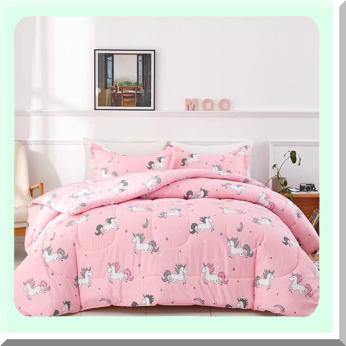Unicorn Dream Bedding Set - Twin Size 6 Piece Comforter Set with Rainbow Star Design, Soft Microfiber Sheets and Pillow Shams - Pink and Reversible