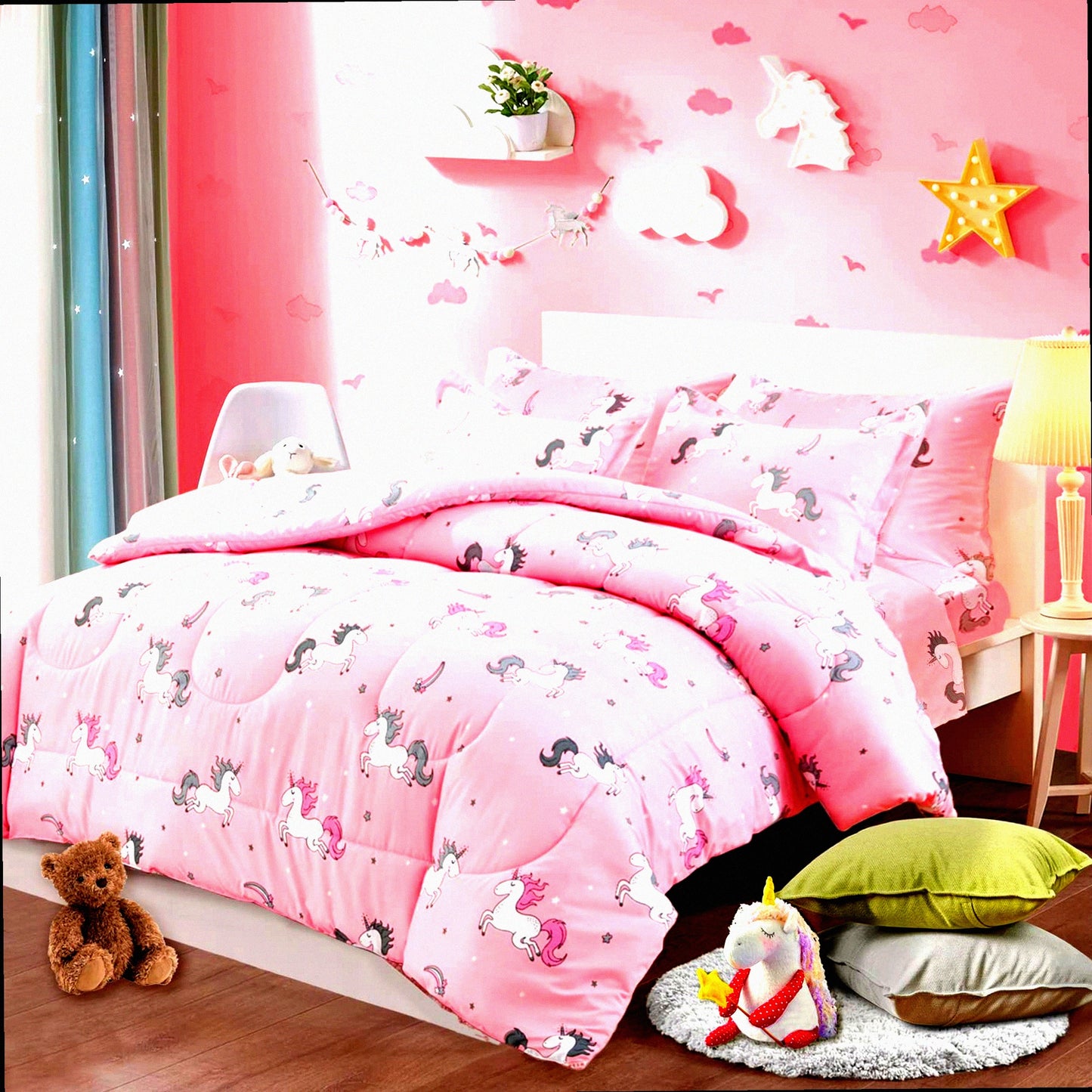 Unicorn Dream Bedding Set - Twin Size 6 Piece Comforter Set with Rainbow Star Design, Soft Microfiber Sheets and Pillow Shams - Pink and Reversible