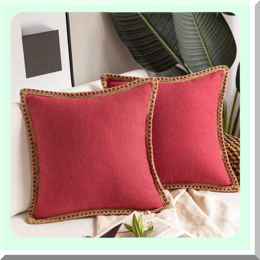 Rustic Farmhouse Burlap Linen Pillow Covers - Set of 2 Decorative Throw Pillow Covers with Tailored Edges - Red 20x20 inches, 50x50 cm