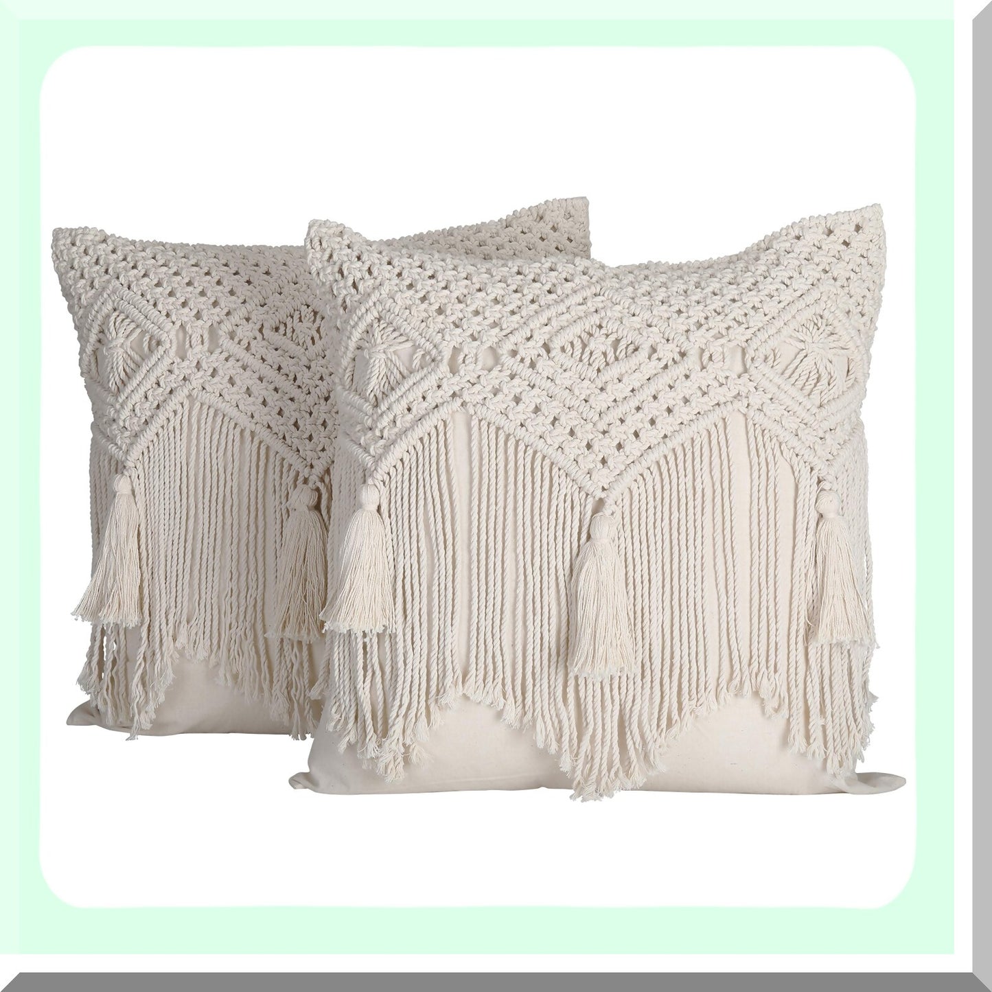 Boho Macrame Farmhouse Pillow Covers - Set of 2, 16X16 Decorative Cushion Cases for Bed, Couch or Sofa with Tels, Natural Off-White Design