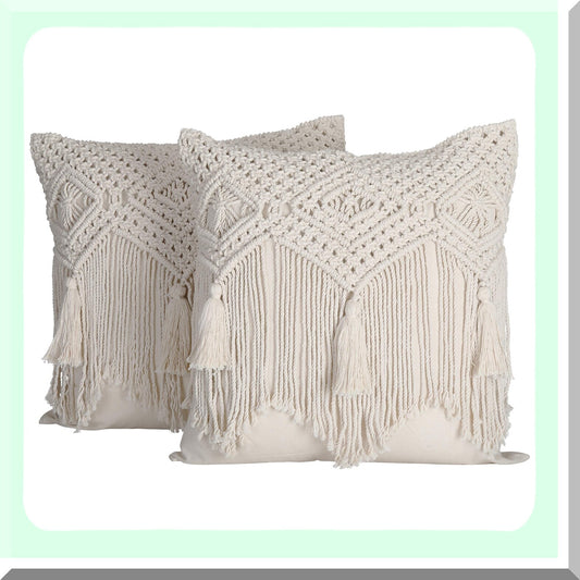 Boho Macrame Farmhouse Pillow Covers - Set of 2, 16X16 Decorative Cushion Cases for Bed, Couch or Sofa with Tels, Natural Off-White Design