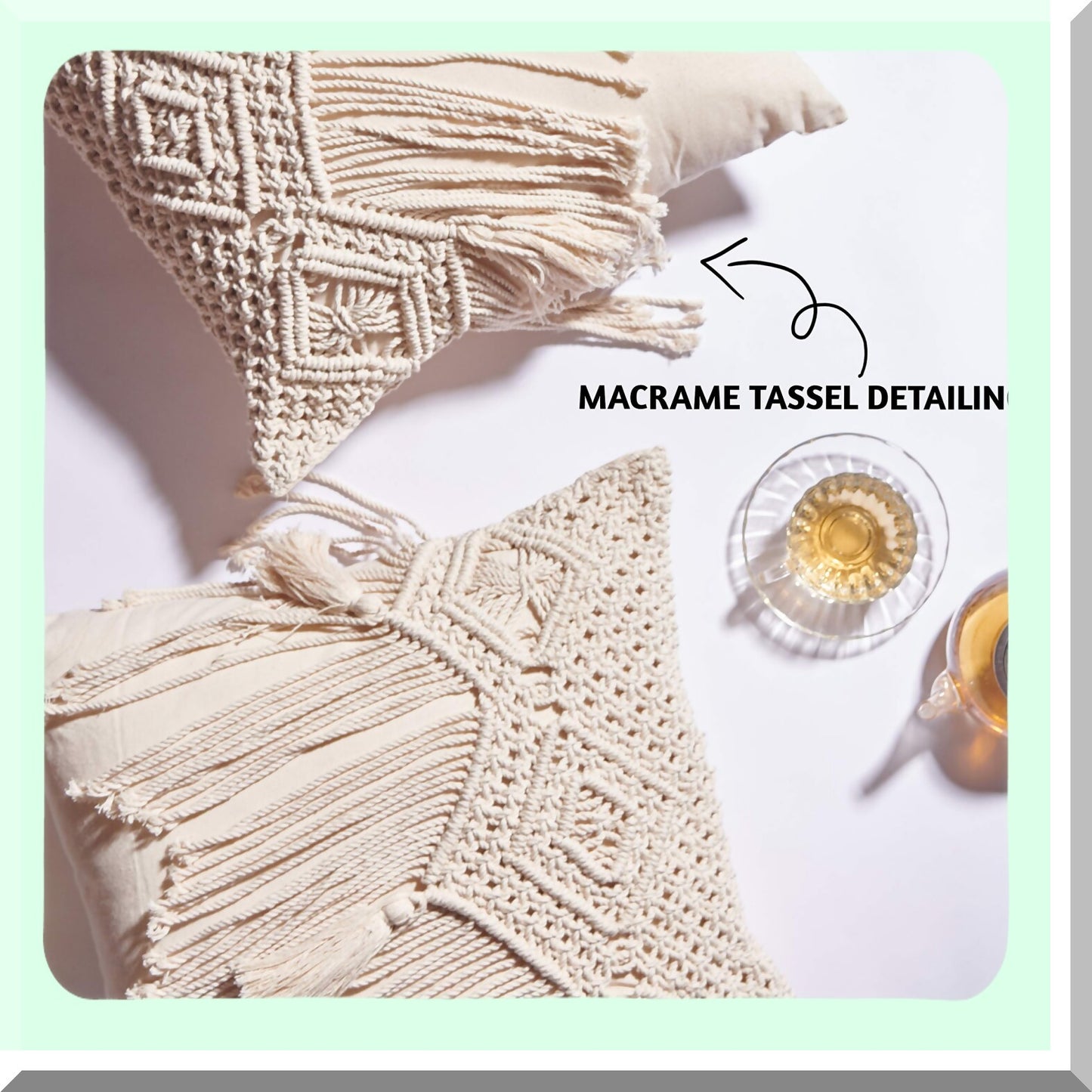 Boho Macrame Farmhouse Pillow Covers - Set of 2, 16X16 Decorative Cushion Cases for Bed, Couch or Sofa with Tels, Natural Off-White Design