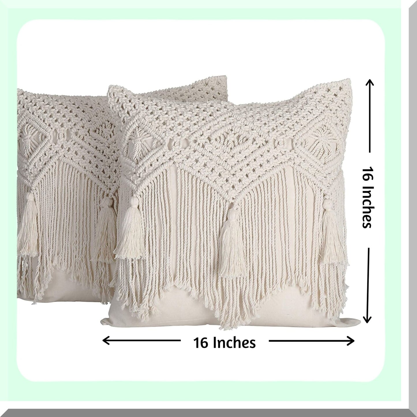 Boho Macrame Farmhouse Pillow Covers - Set of 2, 16X16 Decorative Cushion Cases for Bed, Couch or Sofa with Tels, Natural Off-White Design