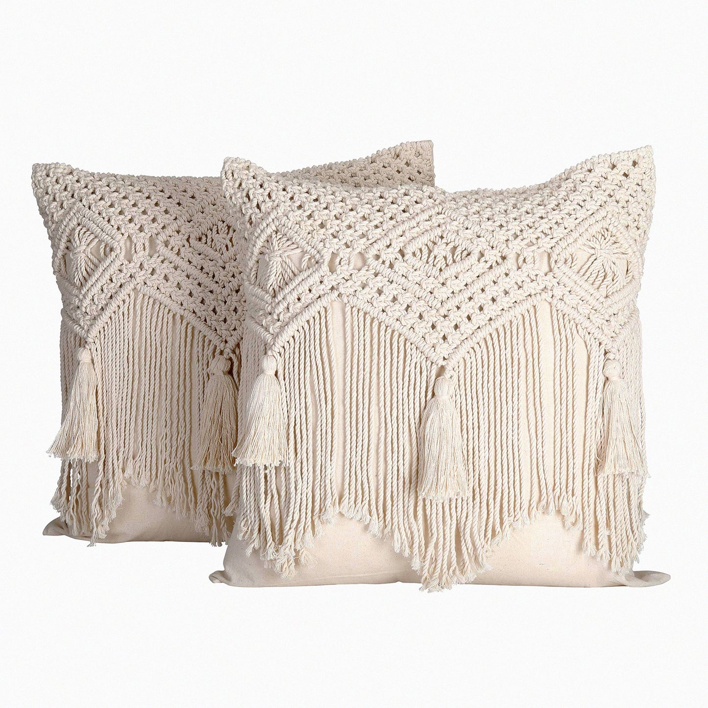 Boho Macrame Farmhouse Pillow Covers - Set of 2, 16X16 Decorative Cushion Cases for Bed, Couch or Sofa with Tels, Natural Off-White Design