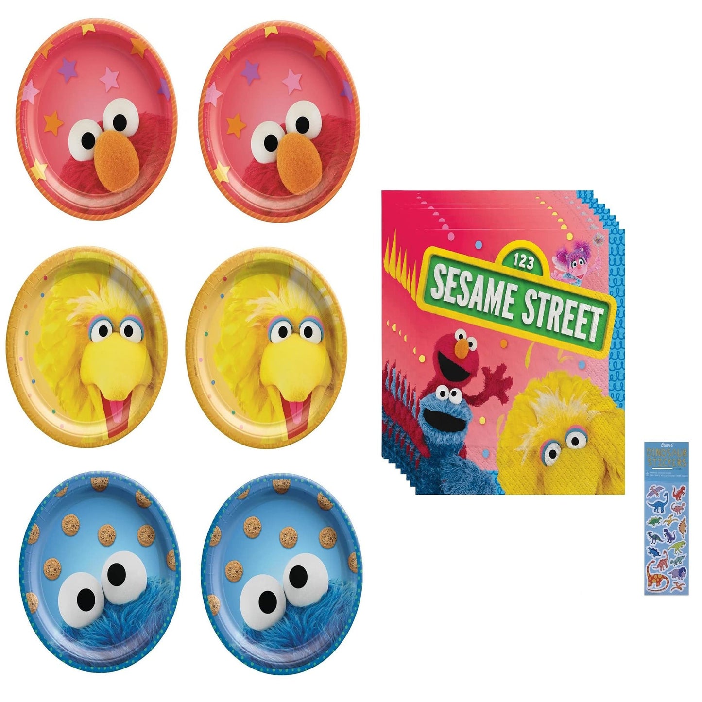 Sesame Street Dino Party Pack - 16 Dessert Plates, 16 Napkins, Dino Sticker Sheet Bundle for 16 Guests - Birthday Party Supplies Kit