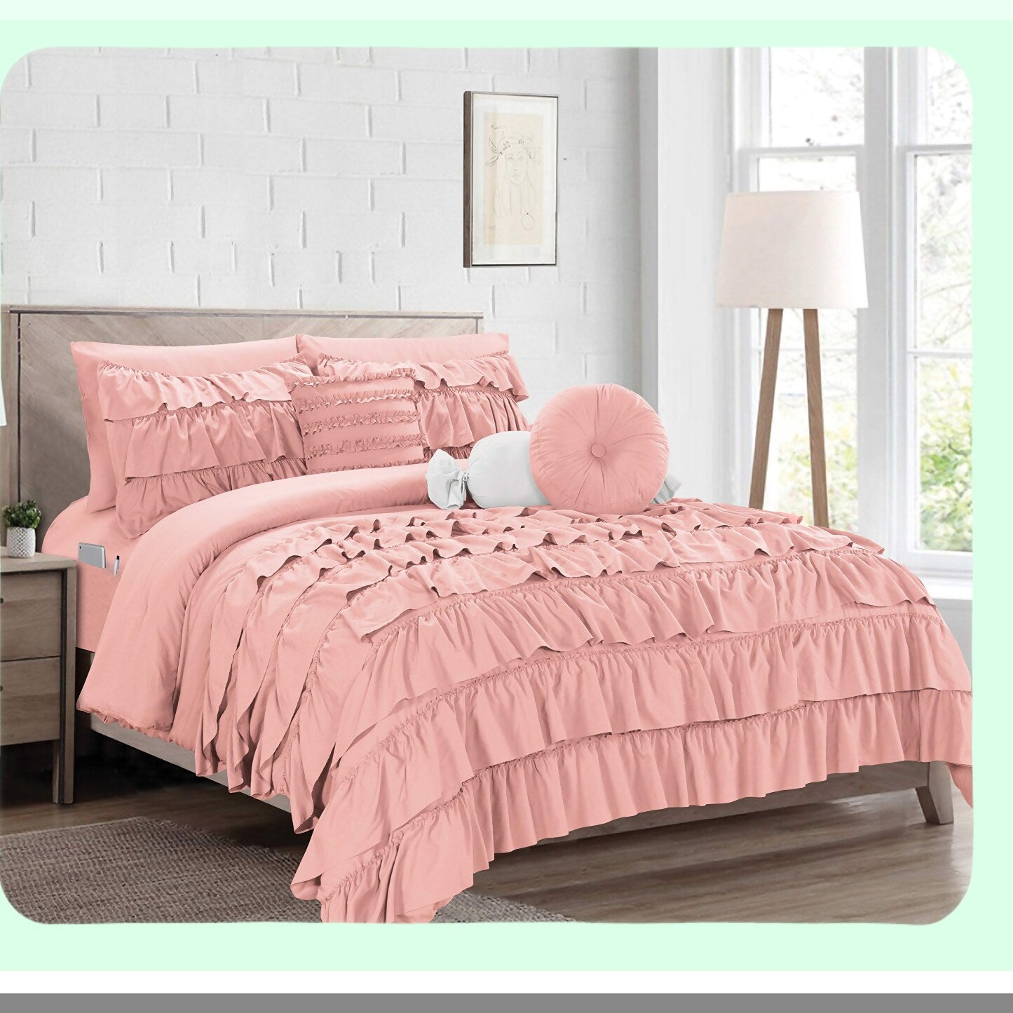 Multiruffle Comforter Set with Smart Storage Pockets - Cal Dusty Rose Bedding Bundle