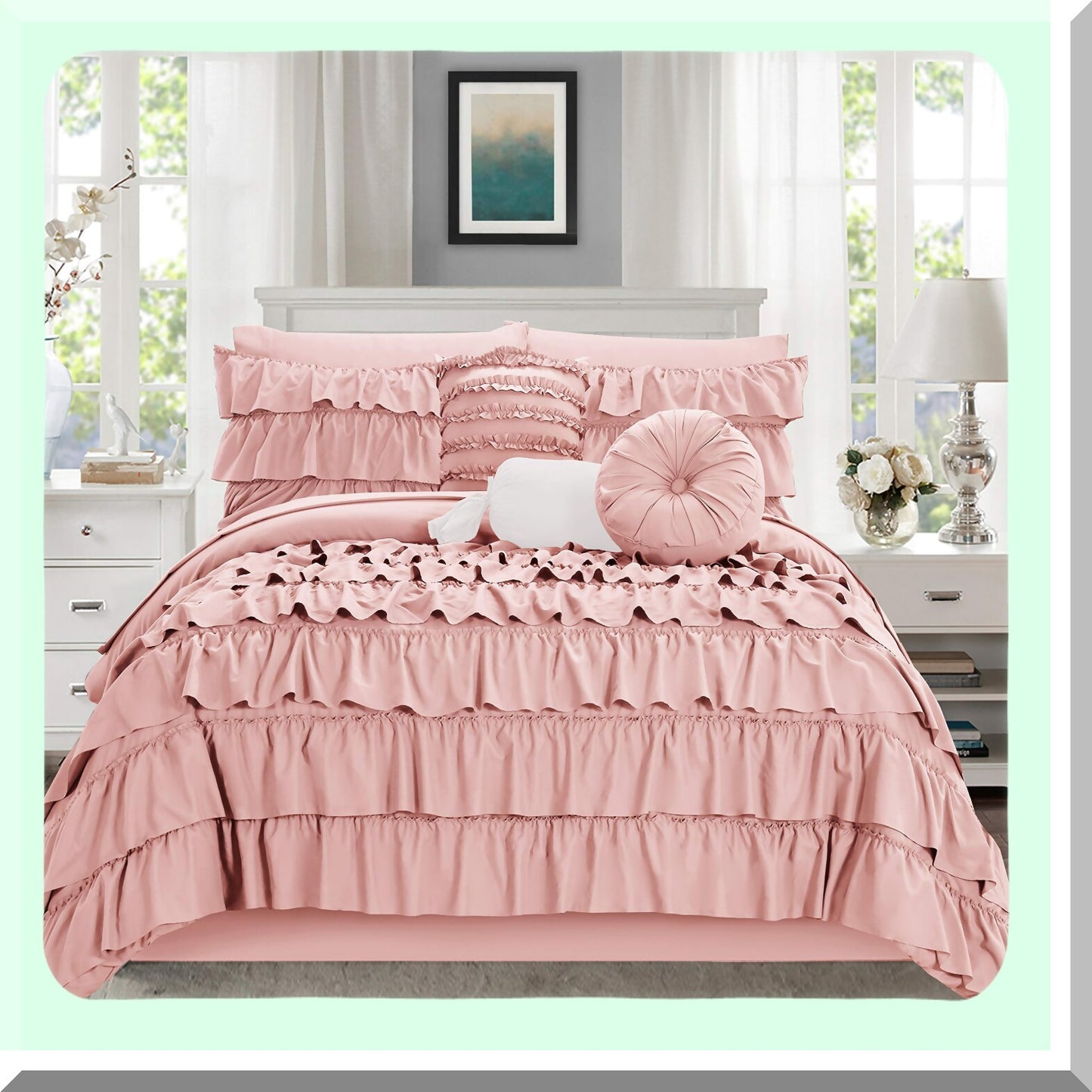 Multiruffle Comforter Set with Smart Storage Pockets - Cal Dusty Rose Bedding Bundle