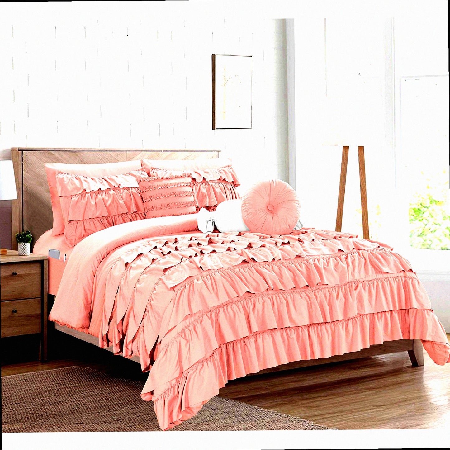 Multiruffle Comforter Set with Smart Storage Pockets - Cal Dusty Rose Bedding Bundle