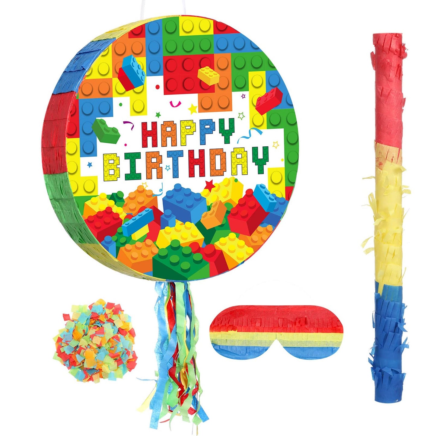 Block Party Pinata Fiesta Set - Happy Birthday Building Blocks Bundle with Blindfold, Bat Stick, and Confetti for Kids Theme Event Decoration.